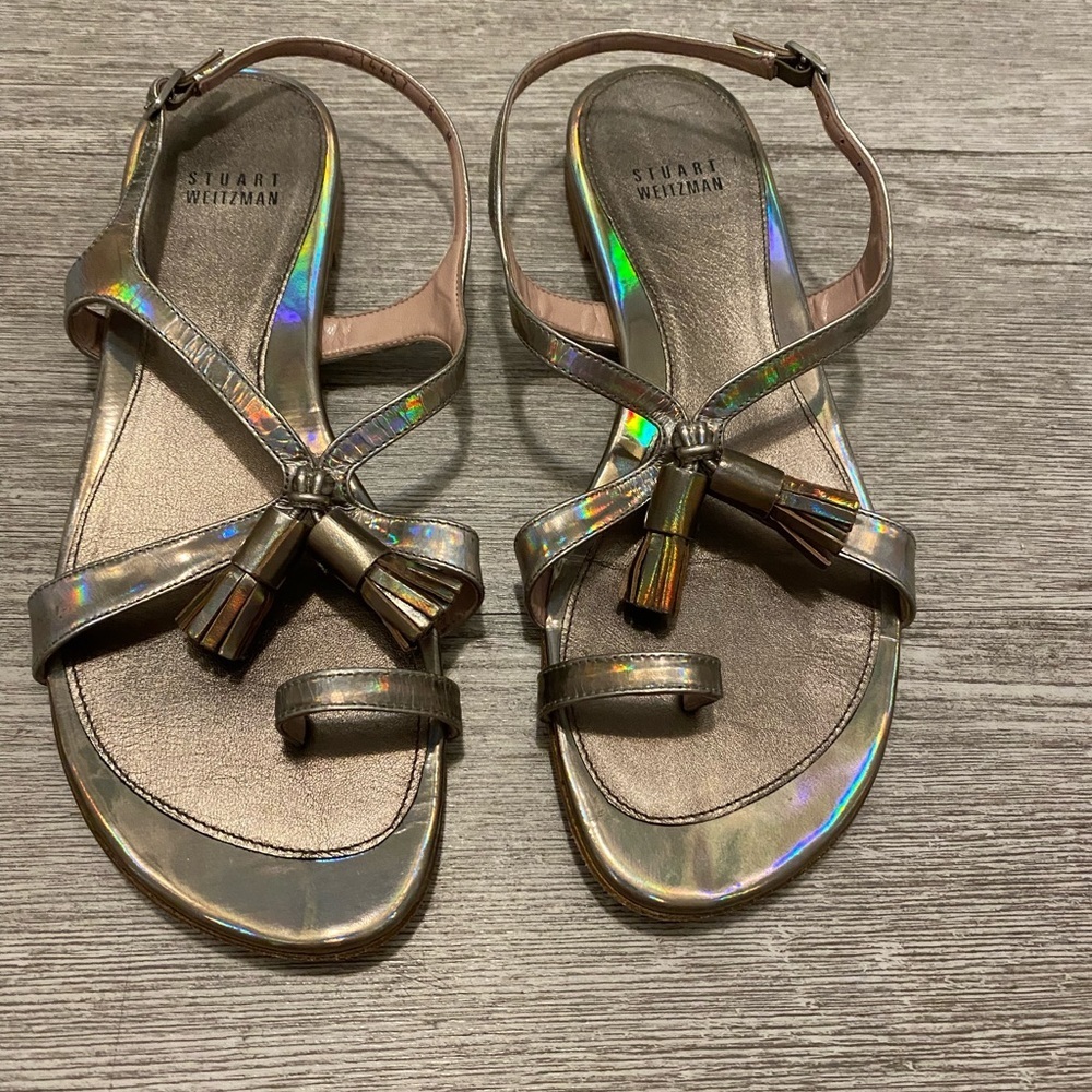 Stuart Weitzman pewter size 8M sandals W toe hold and back strap. Has tassels - Picture 6 of 13